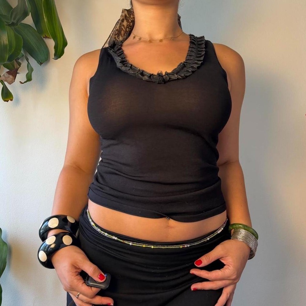 Alberto Makali Vintage 90s Whimsygoth Ruffle Gold Black Tank Top Medium
